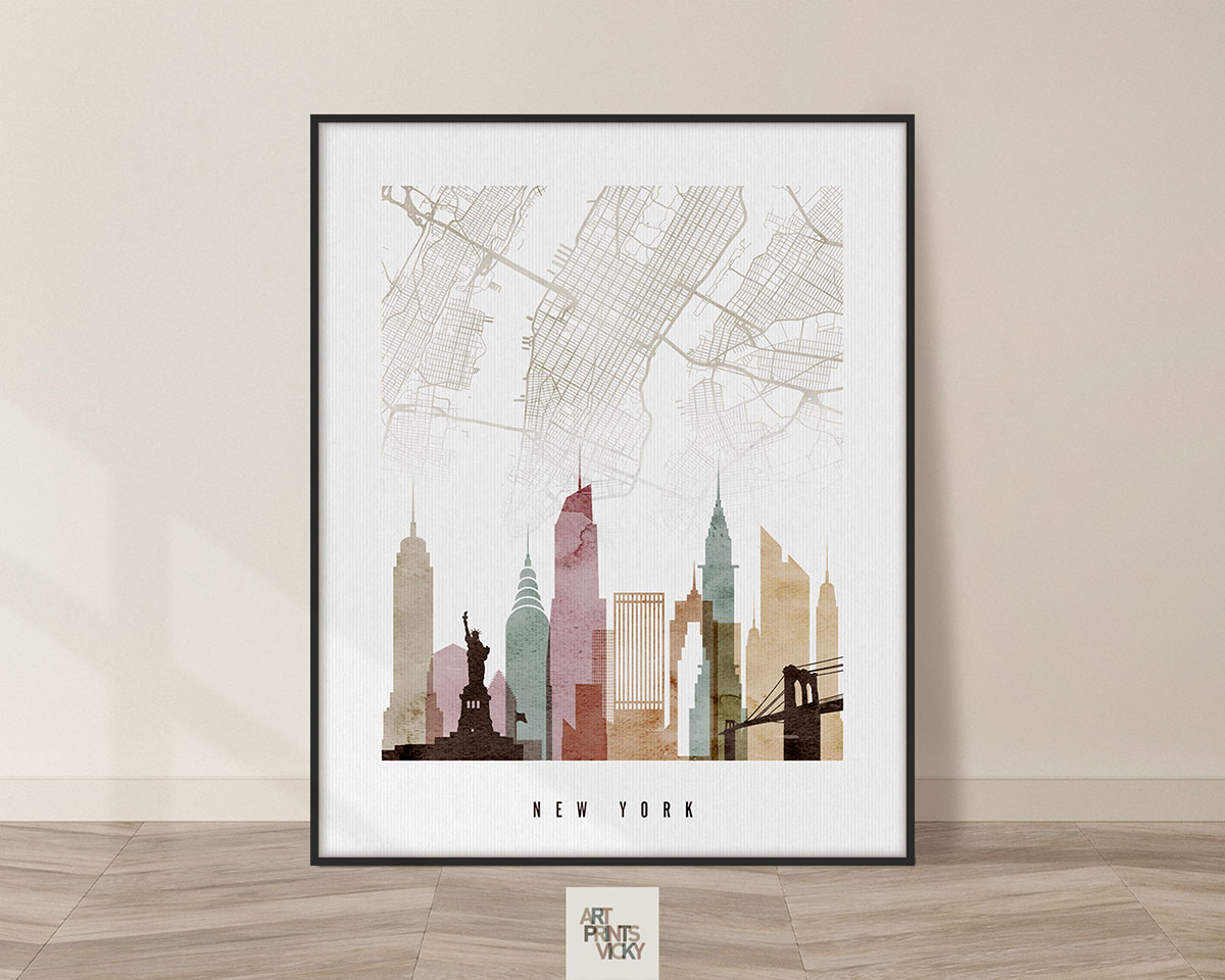 New York map print skyline watercolor 1