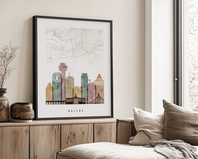 Art print of a stylized map of Dallas with prominent buildings and landmarks in soft colors.