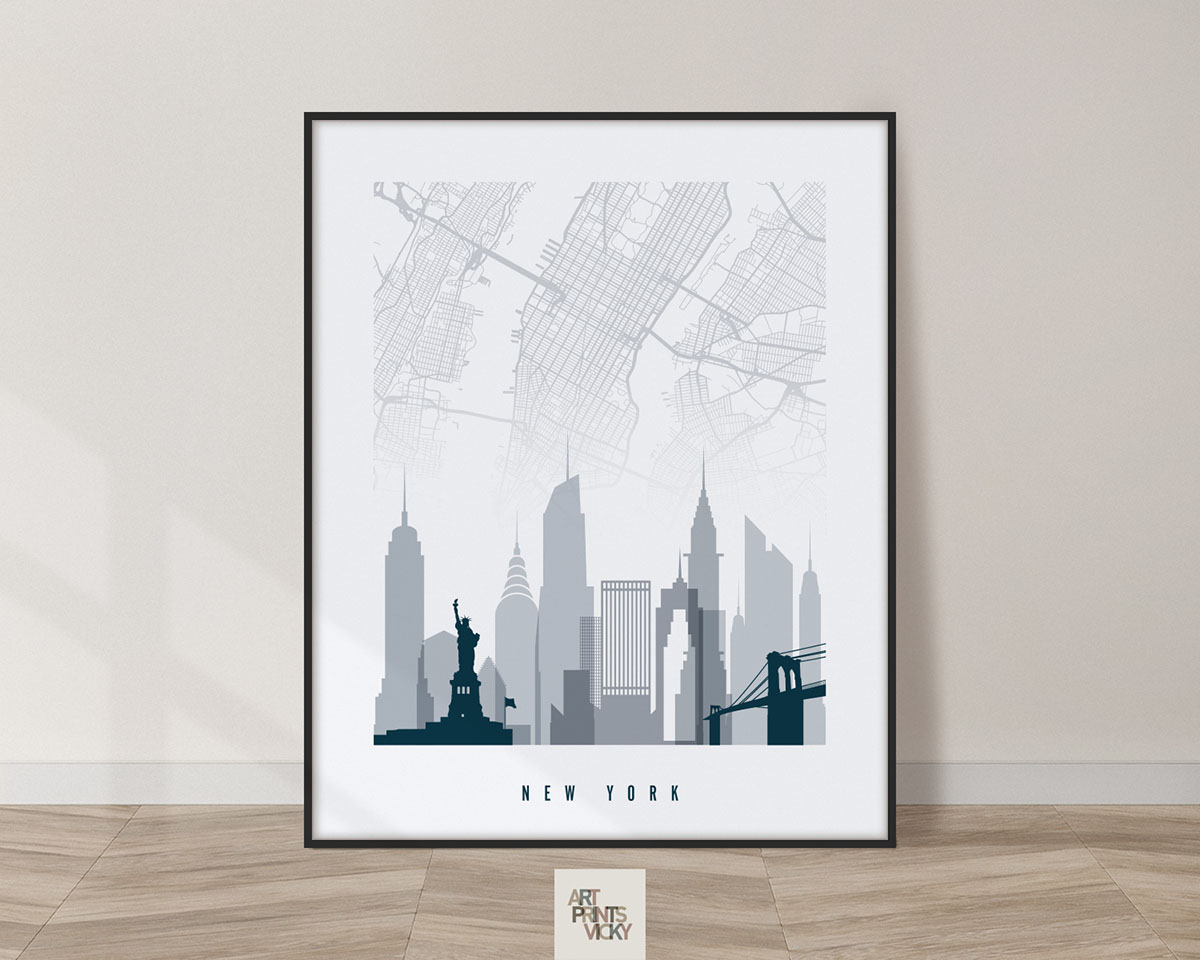 New York City map poster skyline grey blue