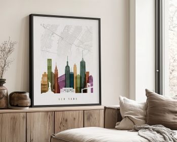 Art print of the New York City skyline with a map background in muted colors.