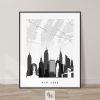 New York map print skyline black and white