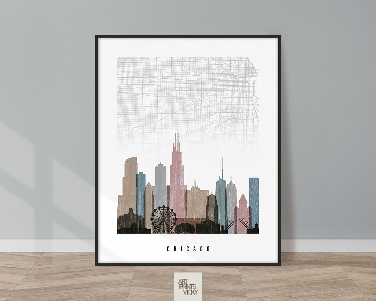 Chicago map print distressed 1