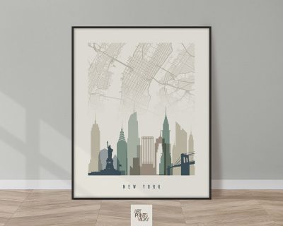 New York map print poster earth tones 1
