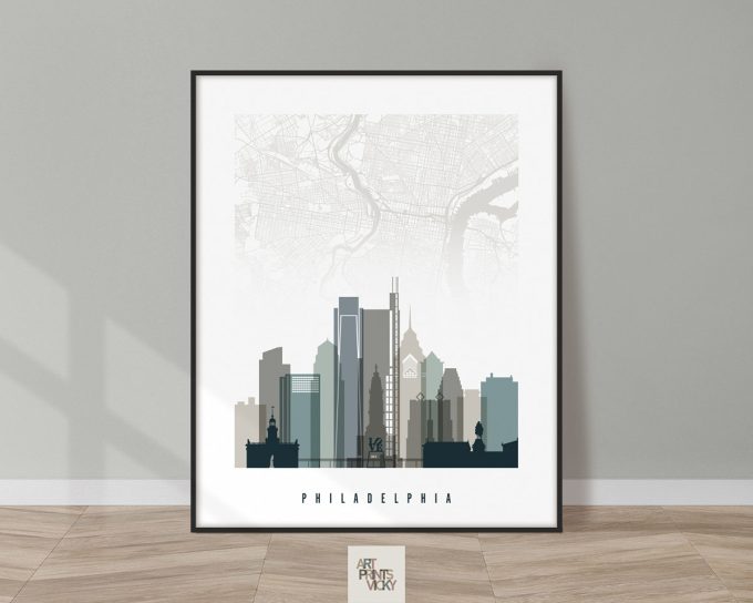 Illustration of Philadelphia skyline with a light gray map background and the word 'Philadelphia' at the bottom.