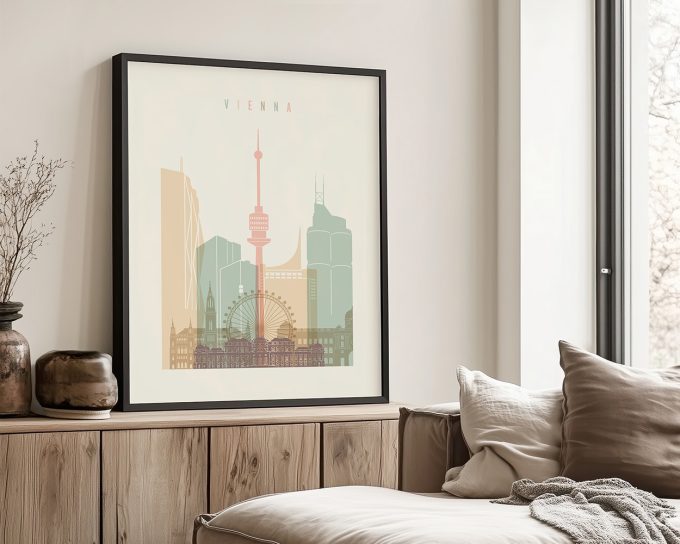 Art print of a cityscape featuring buildings and landmarks of Vienna in muted colors.