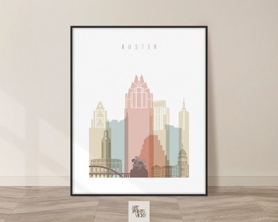 Austin art print skyline pastel white