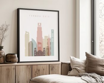 Framed art print of Panama City skyline featuring various buildings in muted colors.