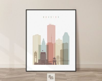 Houston skyline art in pastel white