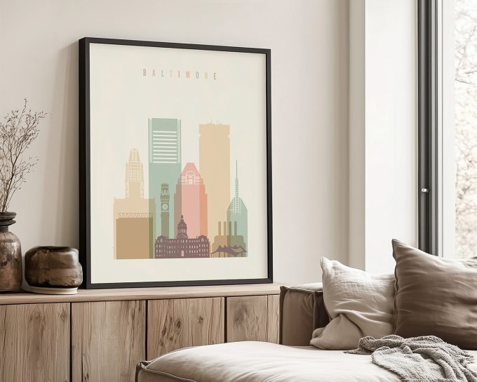 Art print of the Baltimore city skyline featuring various buildings in pastel colors.