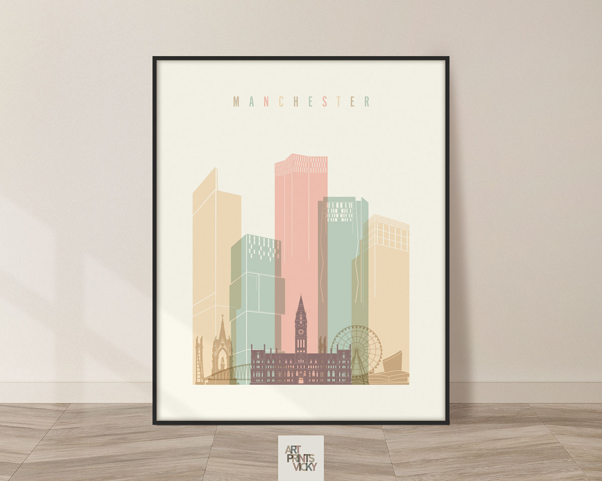 Manchester art print skyline pastel cream