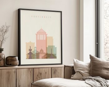 Art print of a stylized cityscape featuring buildings in Montgomery, Alabama.