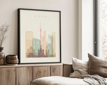 Art print featuring a stylized illustration of Moscow's skyline with notable buildings.
