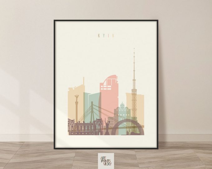 Stylized illustration of Kyiv's skyline featuring notable buildings and landmarks in pastel colors.