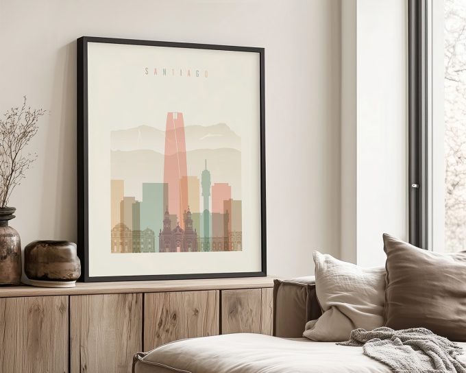 Framed print of Santiago city skyline featuring various buildings and mountains in the background.