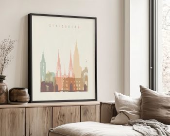 Art print featuring a stylized cityscape of Strasbourg with notable buildings and landmarks.