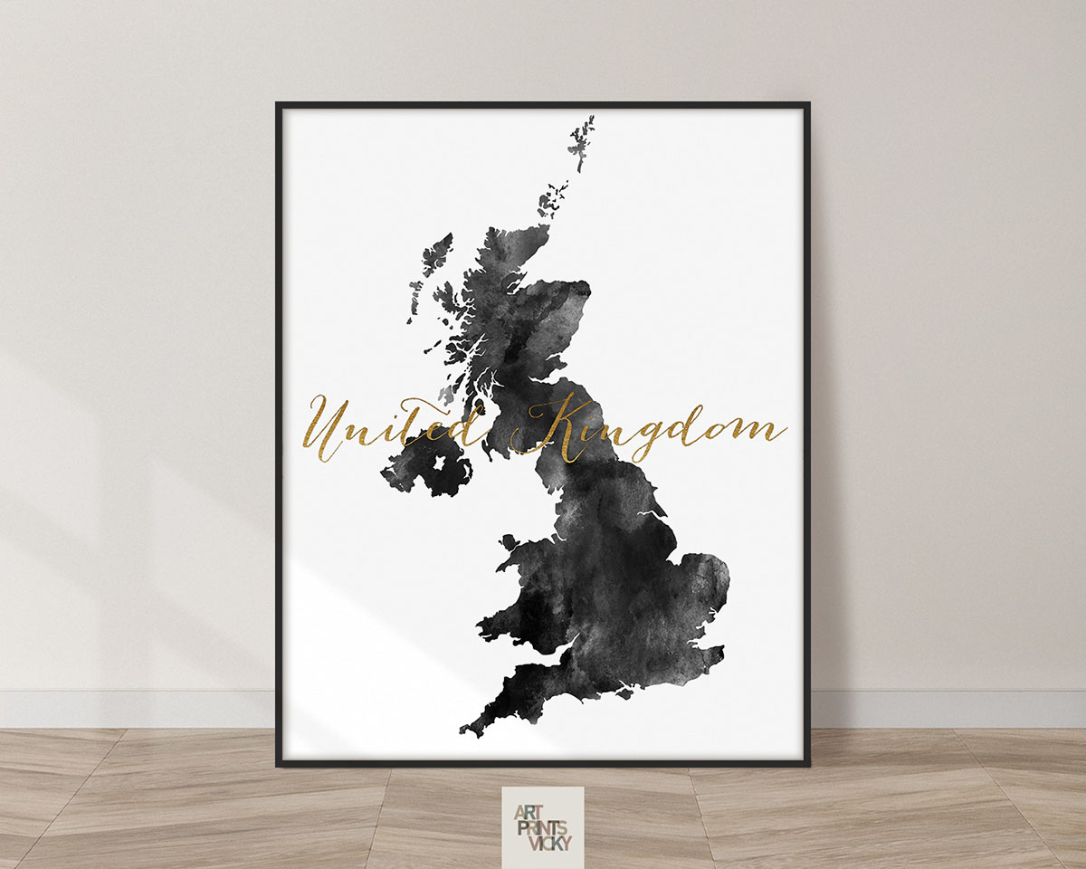 United Kingdom map black and white poster