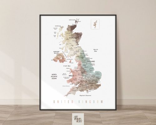 United Kingdom map print in pastel white