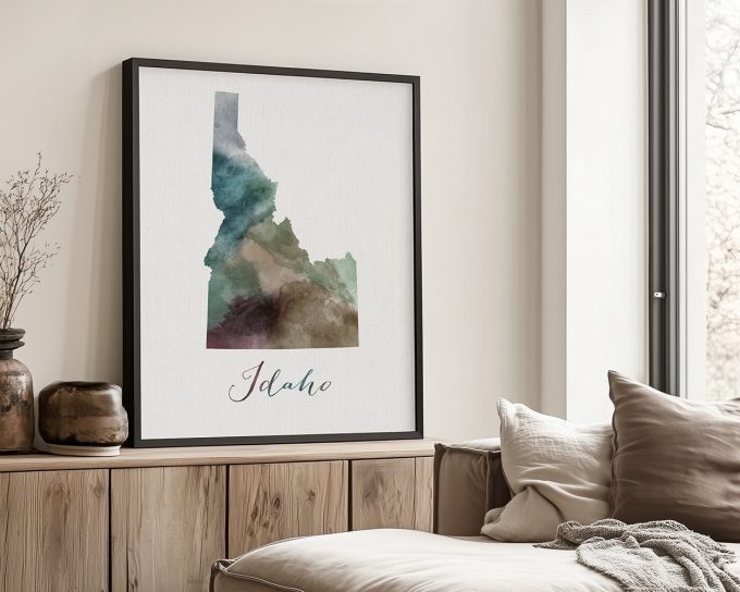 Idaho Map Wall Art Poster, featuring the iconic state in earthy watercolors. Available as unframed, wooden framed or wrapped canvas by ArtPrintsVicky.