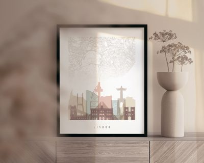 Lisbon map print with skyline pastel white second