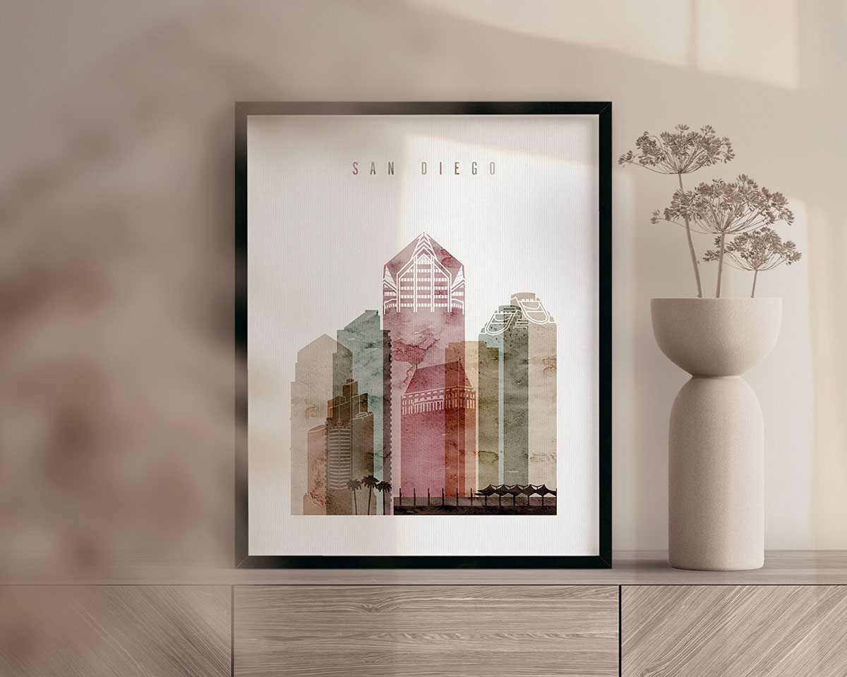 San Diego skyline poster watercolor 1 second