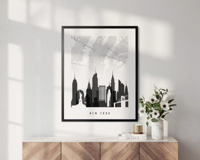 New York map print skyline black and white second