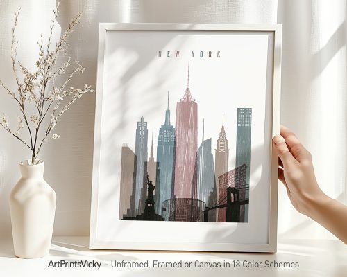 Art print of the New York City skyline featuring notable buildings and the Statue of Liberty.