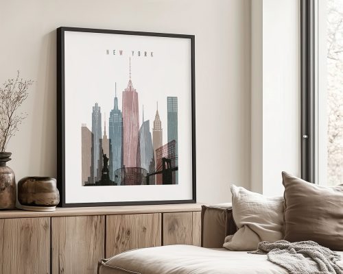 Art print of the New York City skyline featuring iconic buildings in a minimalist style.