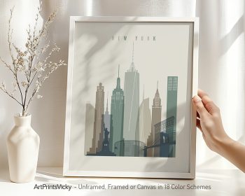 Art print of the New York City skyline featuring iconic buildings and landmarks.