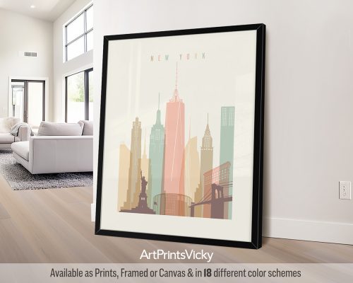 New York City print in warm pastel cream theme, modern city print by ArtPrintsVicky