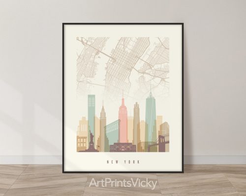 New York City minimalist map and skyline poster featuring the Empire State Building, the Brooklyn Bridge, iconic landmarks, and street layout, all rendered in a warm Pastel Cream palette. by ArtPrintsVicky.