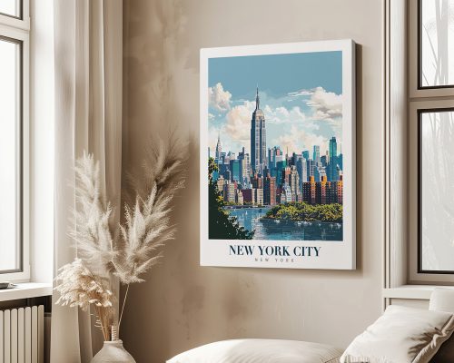 Art print of the New York City skyline featuring the Empire State Building and surrounding buildings.