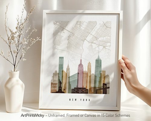 Art print of a New York City map with prominent buildings in a framed design.