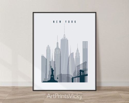 New York City skyline poster in a calming grey blue color palette by ArtPrintsVicky