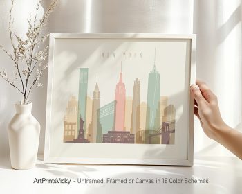 Illustration of the New York City skyline featuring iconic buildings in pastel colors.