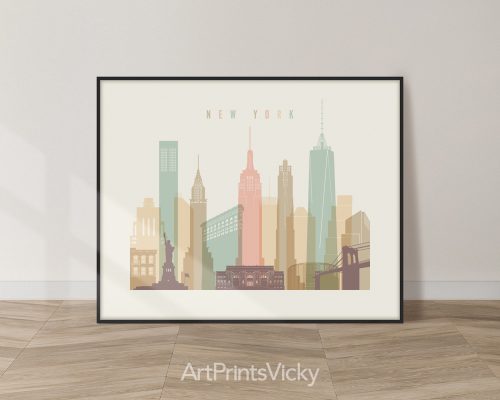 New York City minimalist city print in warm pastel cream theme, landscape orientation, modern city print by ArtPrintsVicky