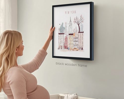 New York skyline with pastel buildings and trees, perfect for nursery decor by ArtPrintsVicky.