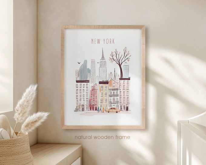 Illustration of New York City buildings in a natural wooden frame on a wall.