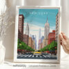 Framed art print of New York City featuring skyscrapers and a yellow taxi on a street.