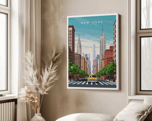 Illustration of New York City featuring skyscrapers and a yellow taxi on a street.