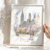 Illustration of New York City featuring the Empire State Building and trees in a park.