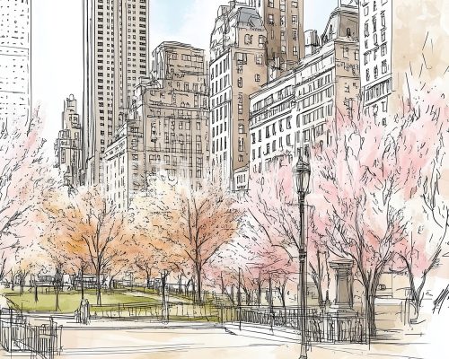 Illustration of a park in New York City with trees and buildings in the background.