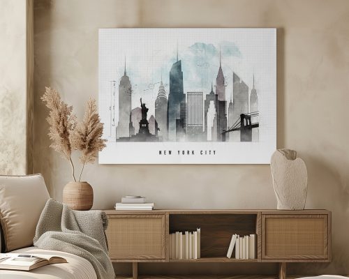 Art print featuring the New York City skyline with notable buildings and the Statue of Liberty.