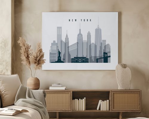 Stylized illustration of the New York City skyline featuring notable buildings and the Statue of Liberty.