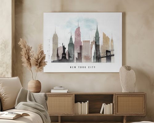 Artistic representation of the New York City skyline featuring iconic buildings and landmarks.