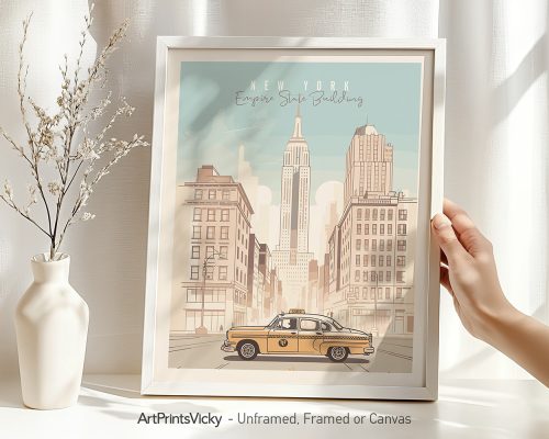 New York Empire State Building art print with yellow taxi.