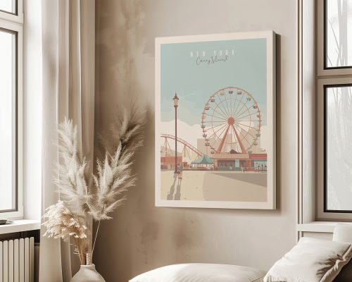 New York Coney Island art print with Ferris wheel and roller coaster.