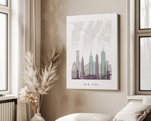 Map of New York City featuring a skyline illustration and street layout in a minimalist design.