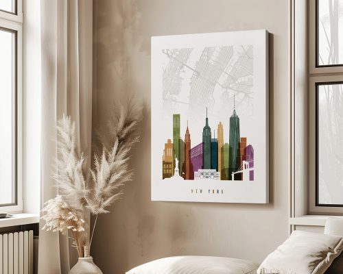 Illustrated map of New York City featuring prominent buildings and landmarks in various colors.