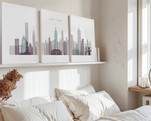 Three-panel canvas artwork featuring a stylized skyline of New York City with notable buildings.