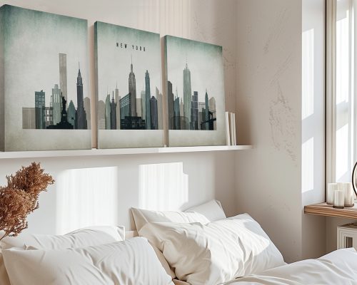 Three-panel artwork depicting the New York City skyline with various skyscrapers in a muted color palette.